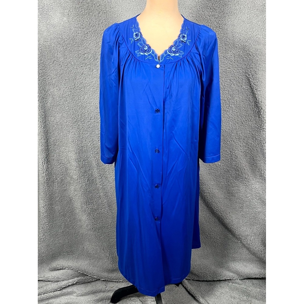 VTG Shadowline Nylon Dressing Robe Women M Blue Embroidered Floral Button Front